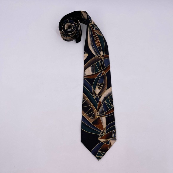 Chez Roffe Silk Necktie Tie Abstract Football Design 59" Gold Metallic Accent - Picture 1 of 8